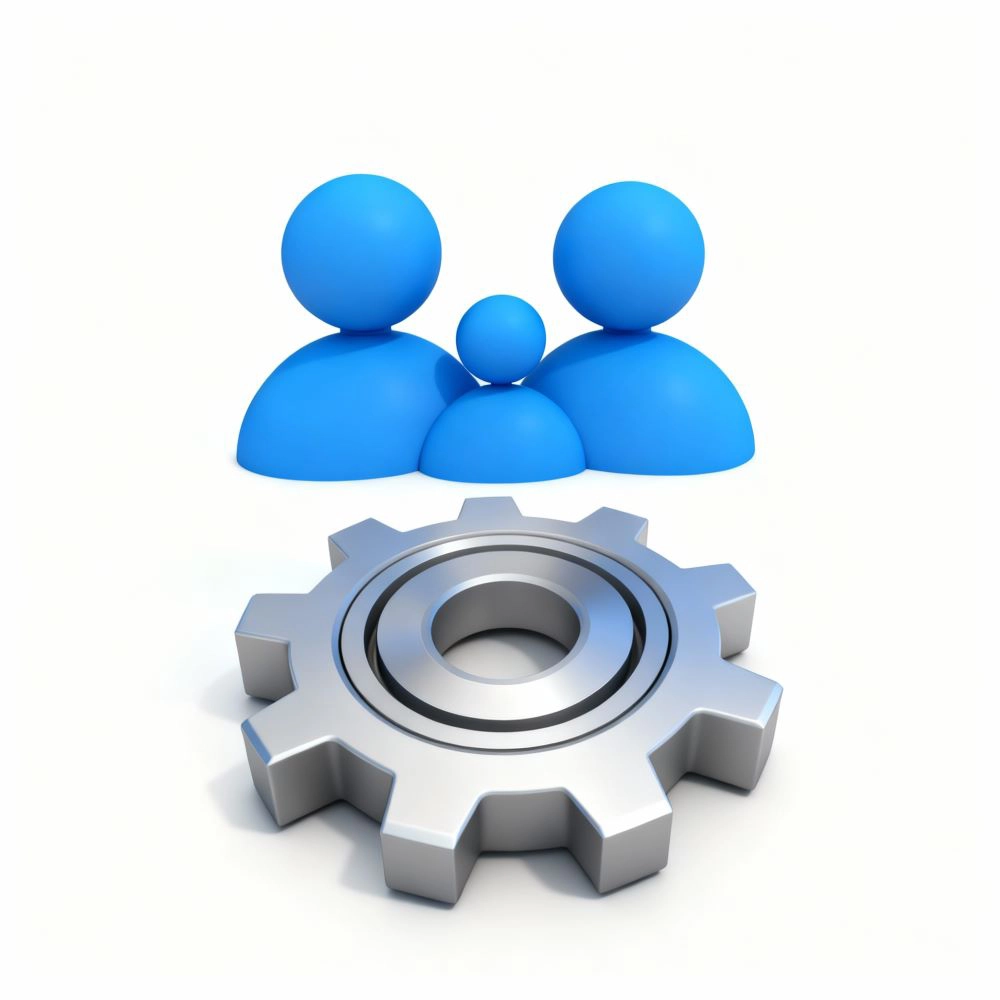 icone 3 personnages bleus et une roue dentée symbole de l'expérience utilisateur