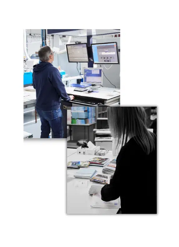 Homme travaillant sur écran d'ordinateur et femme préparant les commandes